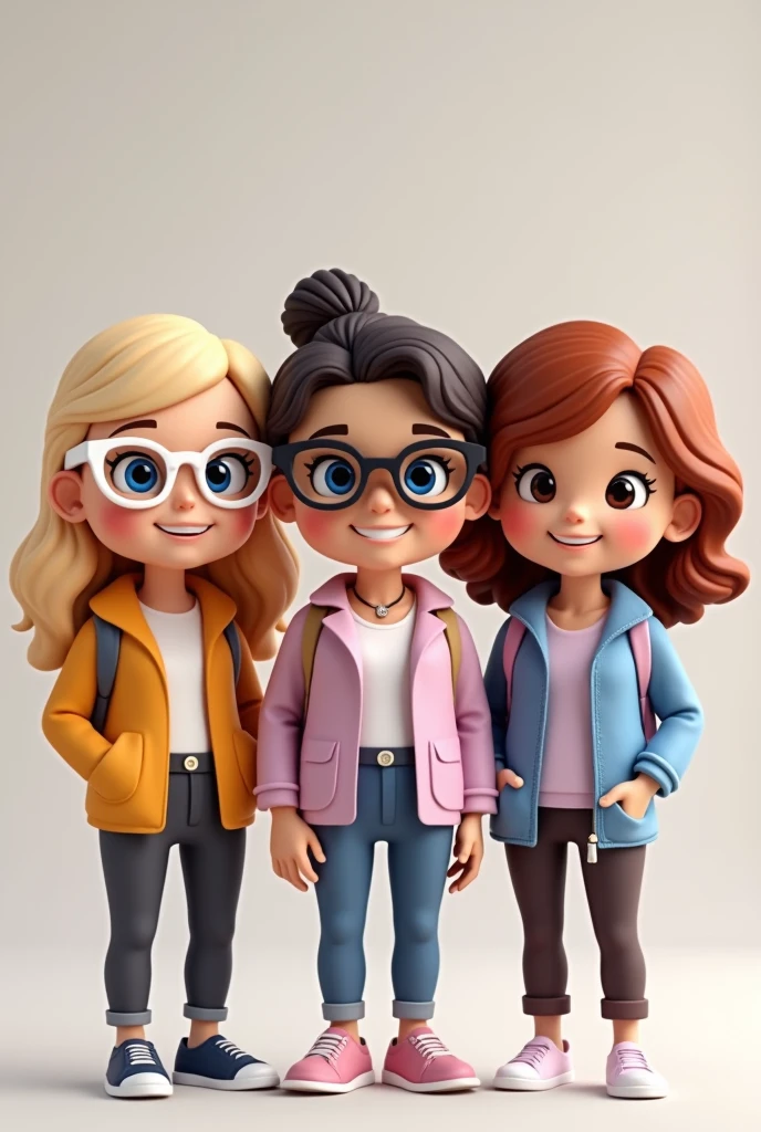 Create three avatars together in bitmoji style, there are three teachers, A teacher with blue eyes and blonde hair, smooth and big, wears white-framed prescription glasses, A white teacher with dark brown hair,  wears prescription glasses, and dresses elegantly, A very white teacher, wavy reddish brown hair, medium, She's sweet and sweet, lilac clothes. 
