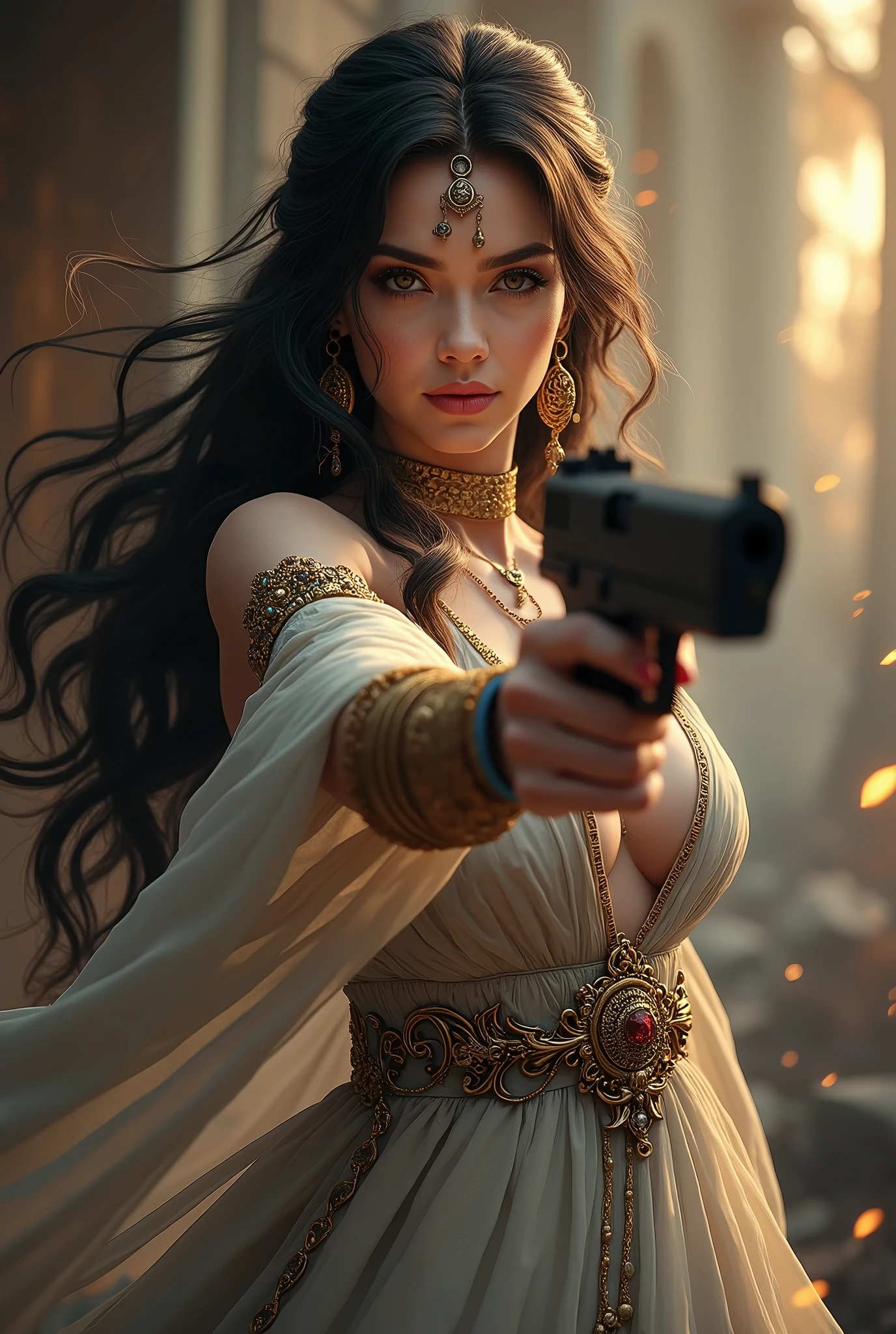 uhd, High details, best quality, goddess, gun