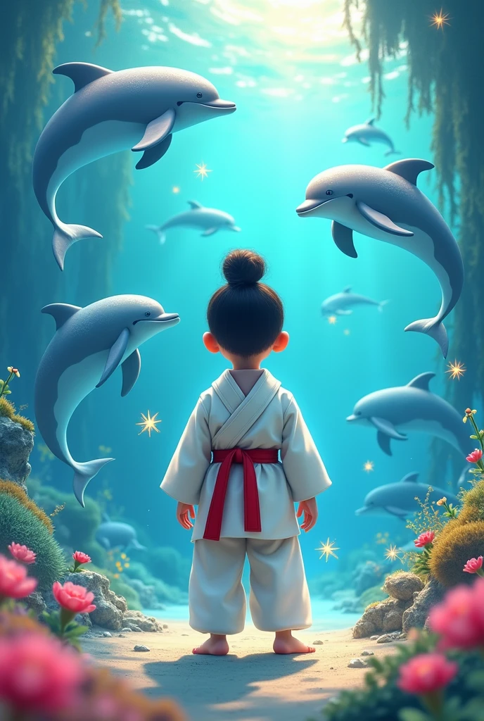 animated children's image, with magical dolphins in the background, in a magical aquatic habitat, with rainbows and glitter, add a taekwondo practitioner, with a uniform and red ribbon, who coexists with the dolphins