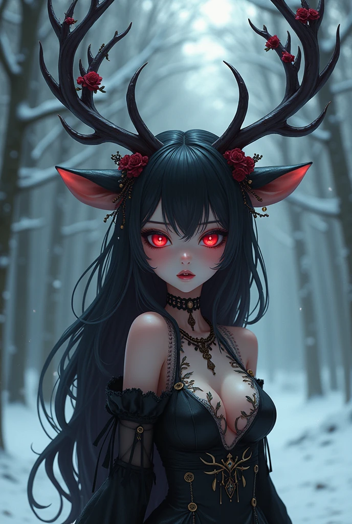 gothic reindeer girl,(((1girl))),((extremely cute and beautiful black haired anime gothic reindeer girl)),

(((anthro furry:1.2), Playboy_Reindeer, reindeer_antlers,(huge antlers:1.5,dear antlers:1.5,blooming antlers:1.5))),(large breasts:1.4),saggy breasts,((((black hair:1.5,Qi bangs,double bun hair,ear breathing)))),(((red_eyes:1.3))),intricate eyes,beautiful detailed eyes,symmetrical eyes,big eyes:1.5,(((lustrous skin:1.5,bright skin: 1.5,skin tanned,shiny skin,very shiny skin,shiny body,plastic glitter skin,exaggerated shiny skin,illuminated skin))),(spider lower abdomen,narrow waist,wide hip,athletic body,inflated legs,thick thighs,detailed body,(detailed face)),

cute,slutty,seductive,erotic,(((nsfw))),

zettai ryouiki,revealing clothes,show skin,((huge cleavage:1.5)),(((underboob))),(((eyeshadow,egyptian makeup,eyelid makeup))),(((bare chested,furry tribal clothing, black clothes))),

(dynamic pose:1.0),embarrassed,(centered,scale to fit dimensions,Rule of thirds),

((snowy pine forest)),winter,scenery:1.25,((intricate scenery)),((snow forest background)),

(Glossy goth ornaments),highres,sharp focus,(ultra detailed,extremely detailed),(photorealistic artwork:1.37),(extremely detailed CG unity 8k wallpaper),(((vibrant colors,vibrant theme))),(intricate),(masterpiece),(best quality),artistic photography,(photography taken by sldr),(intricate background),perfect rendered face,perfect face details,realistic face,photo realistic,((intricate detail)),(((realism))), (pechos descubiertos)(pezones) (pechos mojados)
