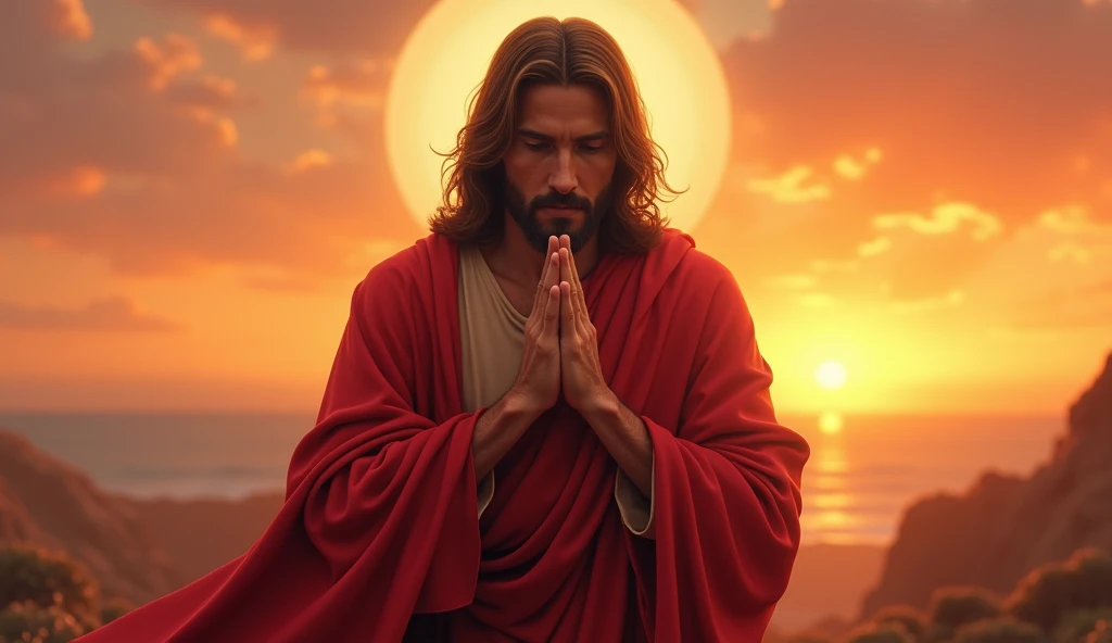 Jesus, a man with a firm gaze, looking forward, hands close to his face, in prayer, with an image of the sunset in the background, afternoon time, followed by yellow lights filling the environment, red tunic and cloak, with the phrase: Stop fighting alone! Trust in God.