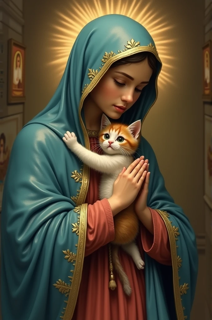 Image of a kitten hugging the figure of the Virgin of Guadalupe