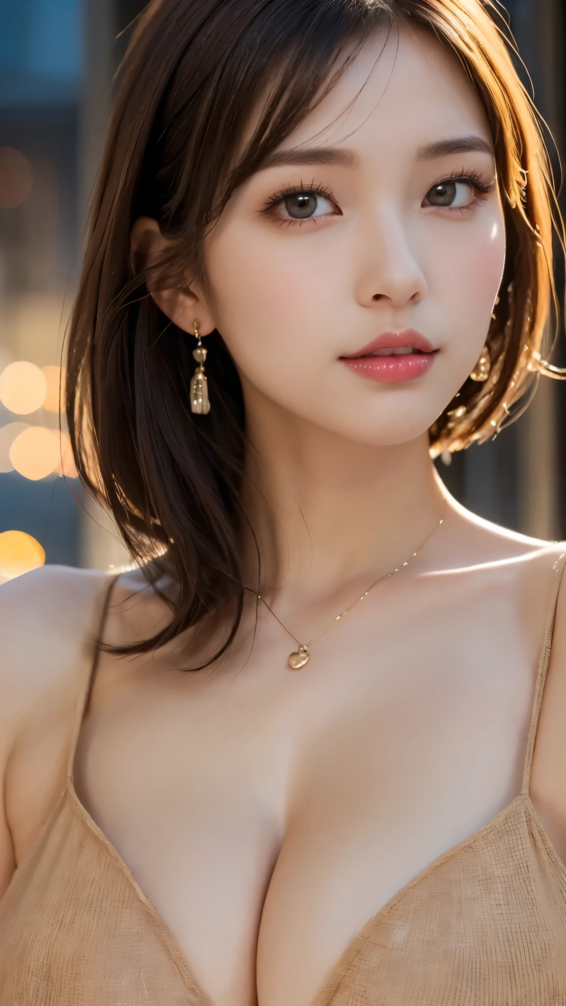 (Photorealistic, 32k, RAW photo, best quality:1.4), (masterpiece:1.3), (ultra high resolution, ultra realistic, highly detailed, golden ratio, ultra detailed), 1 beautiful woman, natural makeup, intricate cloth texture, finely detailed hair texture, beautiful full-body, perfect female form, anatomically accurate, highly detailed face and skin, (elegant hands), (realistic skin), (beautiful pale skin:1.1), (upper body, extreme close-up:1.8), (Oversized , generous cleavagWearing Slip Dress:1.5), (Earrings, Pendant),
BREAK,
realistic eyes, captivating detailed eyes, symmetric eyes, light brown eyes, double eyelids, thin eyebrows, (glossy lips:1.4), (face waiting for kiss, blush:1.3),
BREAK,
((short bob cut, dark brown hair, bangs:1.2)), (Moonlit night, terrace:1.3)