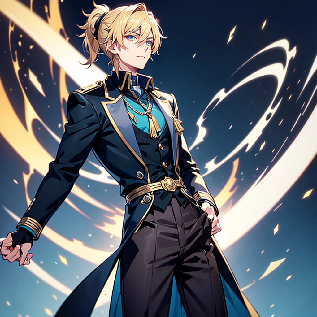 Anime attractive man, 20 year old, blonde hair, very very short ponytail, tall, muscular, solo, one person, light blue gold-accented, high-collared dress shirt with rolled up sleeves, black choker, dark blazer with gold lining and buttons unbuttoned with rolled up sleeves, long dark overcoat with a fur trim, rolled up sleeves, rolled up sleeves, rolled up sleeves, rolled up sleeves.