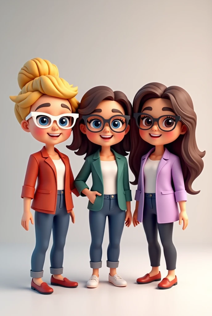 Create three avatars together in bitmoji style, there are three teachers, A teacher with blue eyes and blonde hair, smooth and big, wears white-framed prescription glasses, A white teacher with dark brown hair, wears prescription glasses, and dresses elegantly, A very white teacher, wavy reddish brown hair, medium, She's sweet and sweet, lilac clothes.