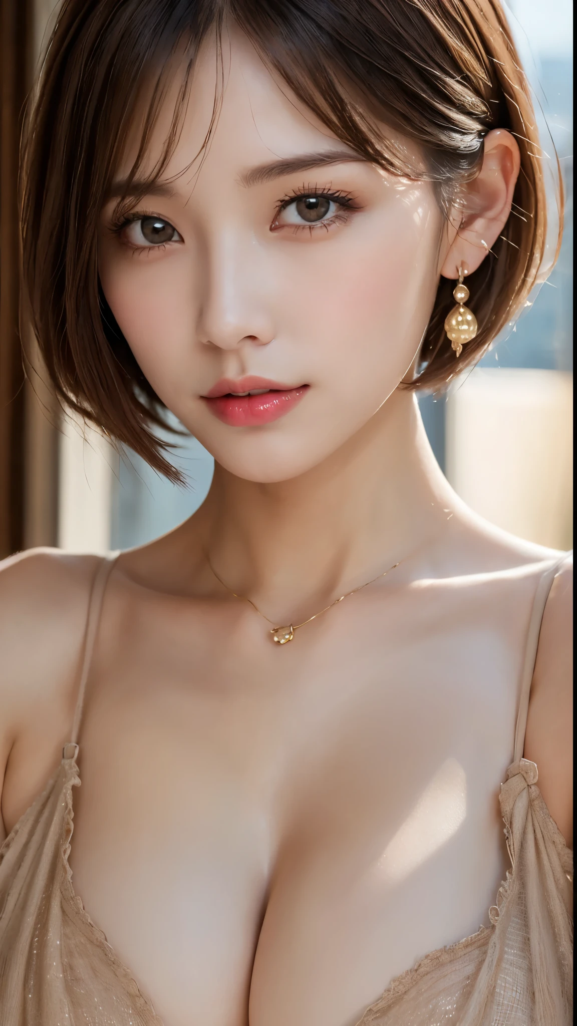 (Photorealistic, 32k, RAW photo, best quality:1.4), (masterpiece:1.3), (ultra high resolution, ultra realistic, highly detailed, golden ratio, ultra detailed), 1 beautiful woman, natural makeup, intricate cloth texture, finely detailed hair texture, beautiful full-body, perfect female form, anatomically accurate, highly detailed face and skin, (elegant hands), (realistic skin), (beautiful pale skin:1.1), (upper body, extreme close-up:1.8), (Oversized Breasts, generous cleavage1.3), (Wearing Slip Dress:1.5), (Earrings, Pendant),
BREAK,
realistic eyes, captivating detailed eyes, symmetric eyes, light brown eyes, double eyelids, thin eyebrows, (glossy lips:1.4), (face waiting for kiss, blush:1.3),
BREAK,
((short bob cut, dark brown hair, bangs:1.2)), (Moonlit night, terrace:1.3)