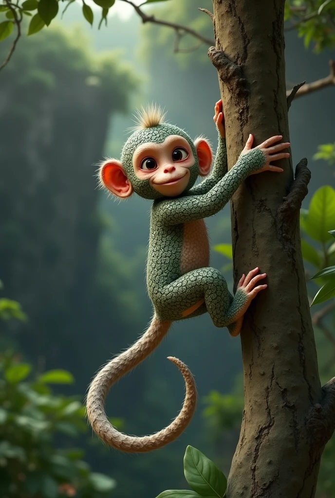 a little monkey hanging from a tree , with a rocky and reflective skin