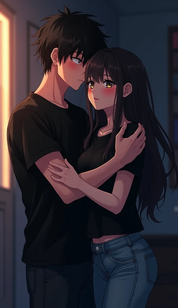 "In a dimly lit, dark room, a 20-year-old anime boy and girl, both dressed in black t-shirts and jeans, share an intimate moment. The girl, with a playful and mischievous expression, confidently pulls the boy by his waist, leaning in for a kiss. The boy, slightly shy but smiling softly, blushes as he lets her draw him closer. His hands rest gently on her arms, showing a mix of nervousness and excitement. The soft, low light creates a moody atmosphere, emphasizing the playful yet tender connection between them."