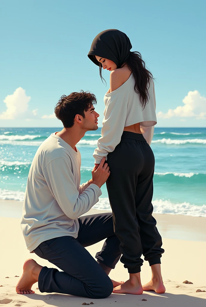Black headscarf on the beach, white long sleeve t shirt, baggy black sweatpants, barefoot, Sexy skinny woman. He kneeled before the woman, Man kissing the back of woman&#39;s sweatpants. 