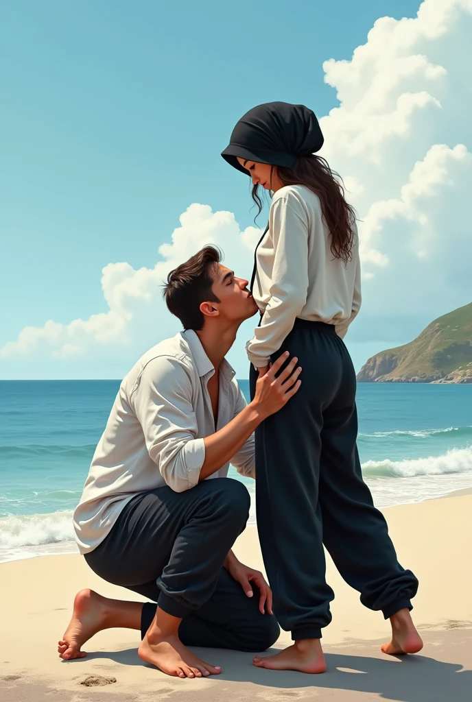 Black headscarf on the beach, white long sleeve t shirt, baggy black sweatpants, barefoot, Sexy skinny woman. He kneeled before the woman, Man kissing the back of woman&#39;s sweatpants. 