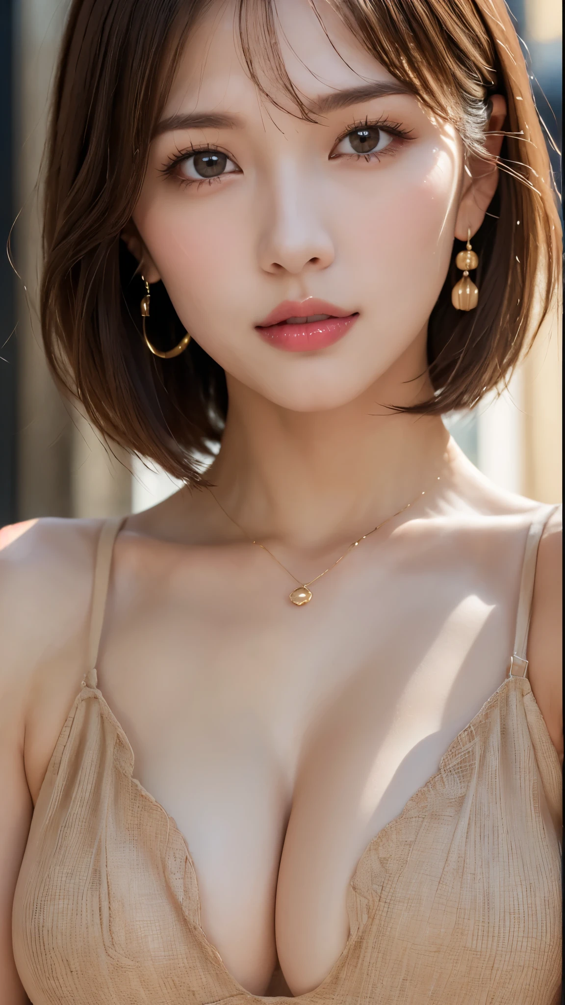 (Photorealistic, 32k, RAW photo, best quality:1.4), (masterpiece:1.3), (ultra high resolution, ultra realistic, highly detailed, golden ratio, ultra detailed), 1 beautiful woman, natural makeup, intricate cloth texture, finely detailed hair texture, beautiful full-body, perfect female form, anatomically accurate, highly detailed face and skin, (elegant hands), (realistic skin), (beautiful pale skin:1.1), (upper body, extreme close-up:1.8), (Oversized Breasts, generous cleavage1.3), (Wearing Slip Dress:1.5), (Earrings, Pendant),
BREAK,
realistic eyes, captivating detailed eyes, symmetric eyes, light brown eyes, double eyelids, thin eyebrows, (glossy lips:1.4), (face waiting for kiss, blush:1.3),
BREAK,
((short bob cut, dark brown hair, bangs:1.2)), (Moonlit night, terrace:1.3)