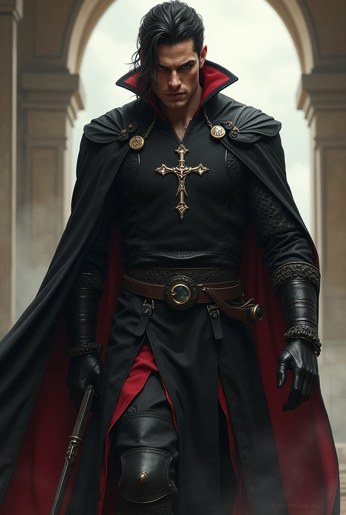 An incredibly handsome and masculine toreador vampire, he is greek and he is a knight templar, He is a 5th generation vampire therefore very powerful, he has a beautiful crucifix that is always with him and a cape