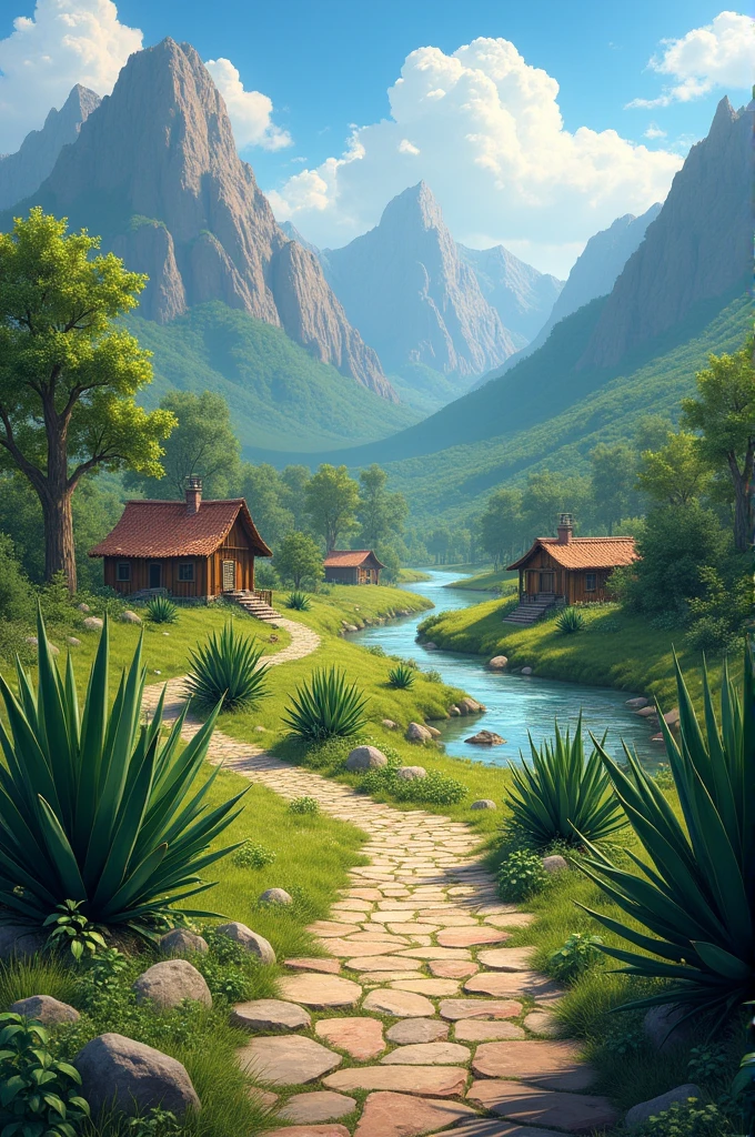 Stone path with magueys and mountains and cabins and a river
