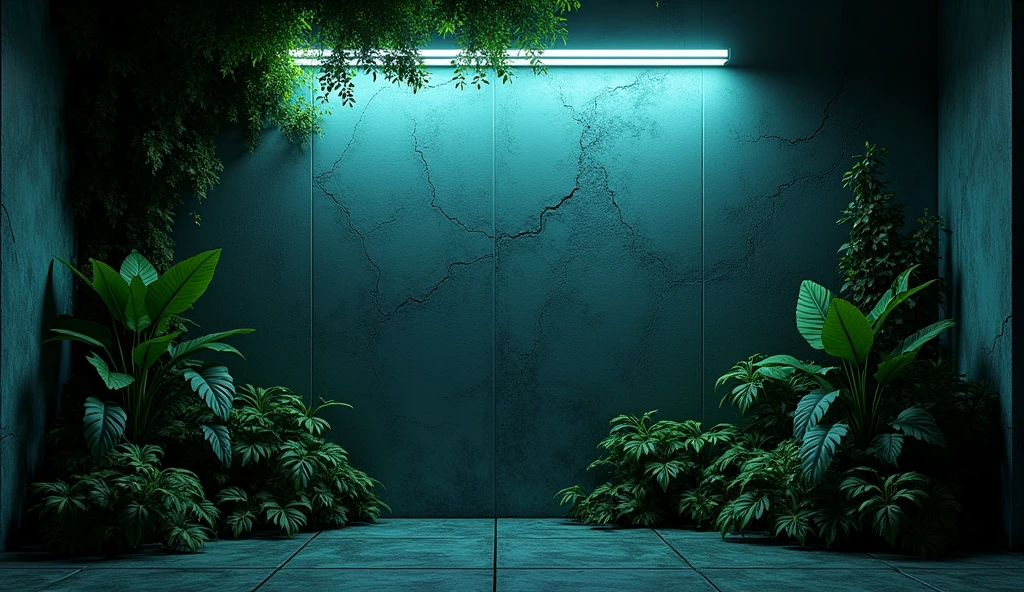 a dark wall with white neon and greenery