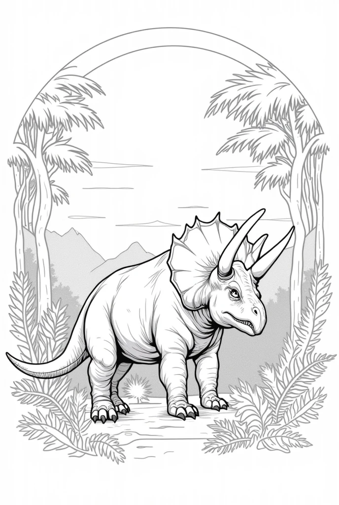 A BLANK PAGE WITH AN OUTLINED SILHOUETTE OF A TRICERATOPS REX IN ITS HABITAT TO COLOR