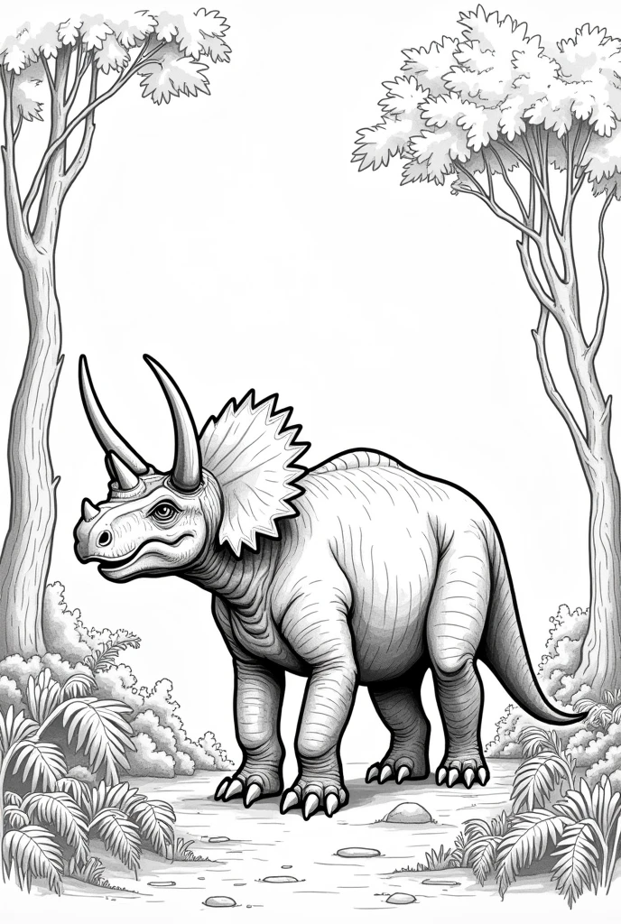 A BLANK PAGE WITH AN OUTLINED SILHOUETTE OF A TRICERATOPS REX IN ITS HABITAT TO COLOR