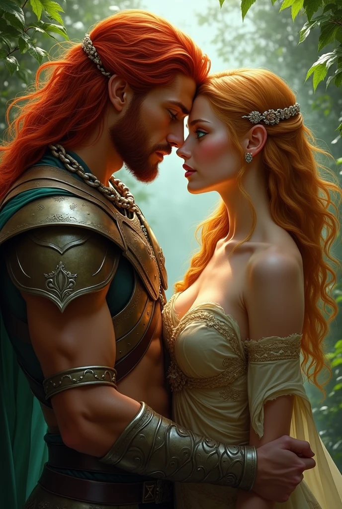 beautiful female warrior with red hair and green eyes, In a love triangle with two male warriors, one with long red hair and caramel skin looked at her lovingly, and another one with short blonde hair was seducing her, and she was confused, who wants this?, the man with red hair is not'He wants to share