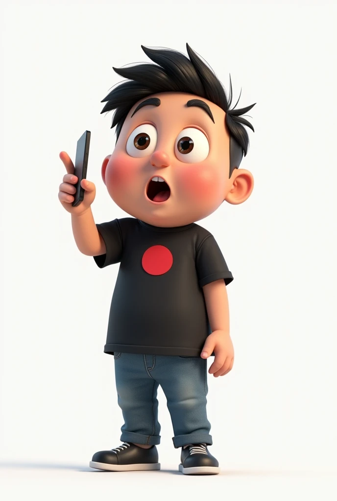 Create a Disney Pixar style character in a white setting a white man,Round face, narigudo, with thick eyebrows, the short hair down, short in stature, wearing a black t-shirt with a red circle on the left chest and jeans, with one hand holding a cell phone and the other pointing upwards