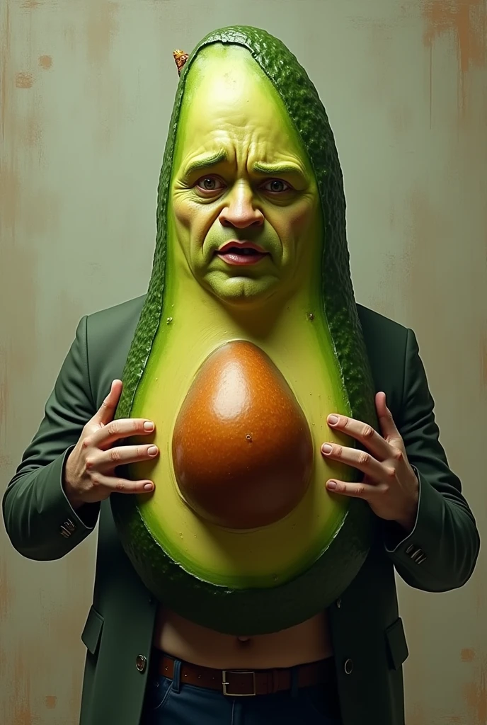 An avocado with the figure of a man with a face, being arrested