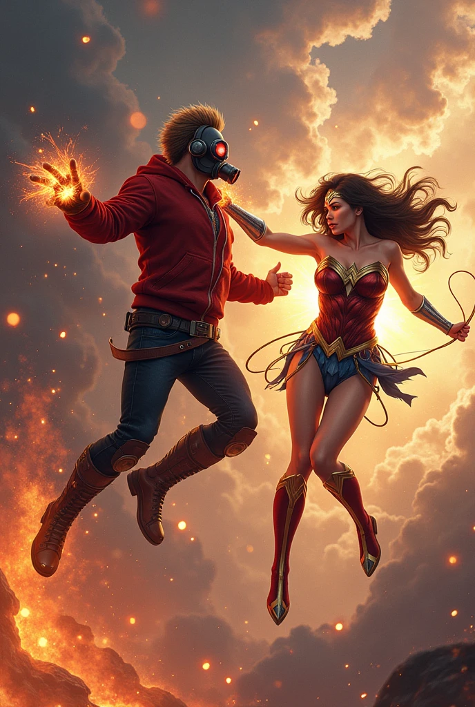 Young Star-lord with red hoodie, headphones, star-lord helmet on head, gas helmet, fre hair, covered mouth, round red eyes, Red eyes, magic rings in the hands and rocket boots, Vs. Wonder woman (Big tits), Fighting, power, fiction, full body, 2 person, magic lasso, flying in the sky, fire, hight
