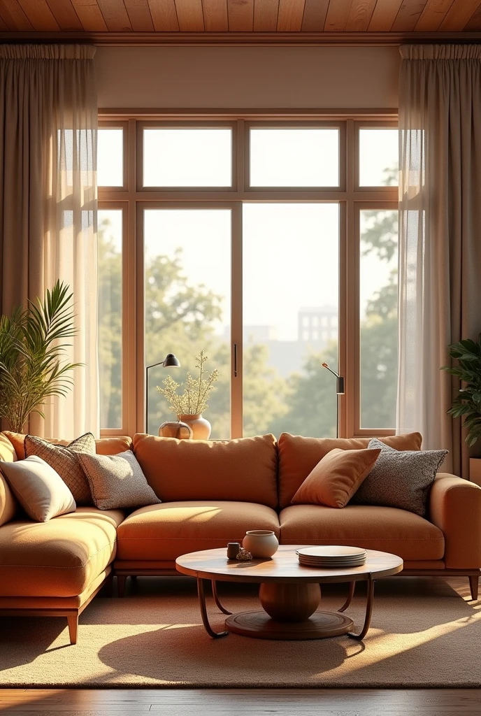 living room with sofa, Coffee table, and a big window, warm colored furniture, rendered in lumion pro, renderizado em corona, Unreal Engine Rendering 6, in 3D rendering style, with photorealistic lighting, detailed archviz render, Highly detailed rendering, rendered in unreal engine 5, rendered in lumion, high quality 3D rendering