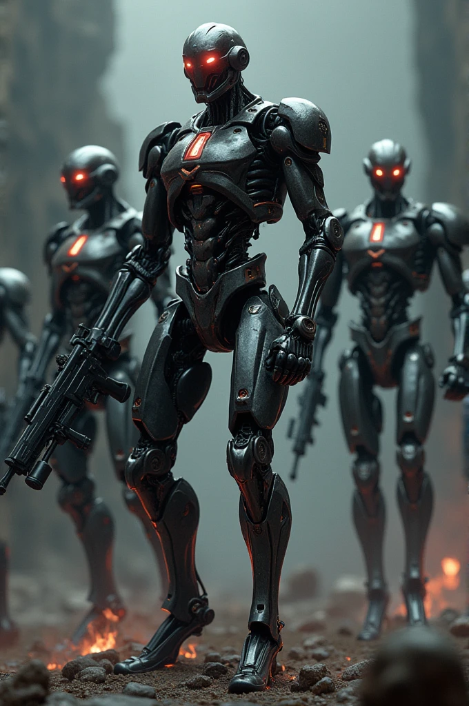 4 Terminators, Detailed metal skeleton with red eyes and advanced weapons in his hands