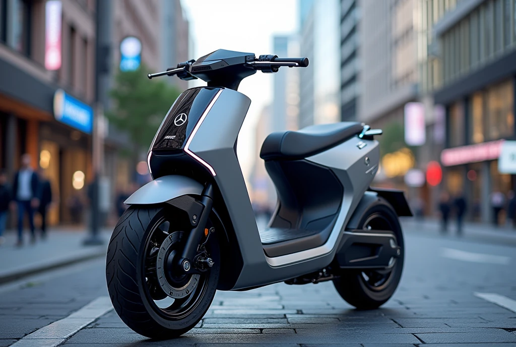 conceptual electric scooter from the Mercedes-Benz brand, Highly Detailed Features, Insanely ultra realistic, insanely photo realistic, Insanely high overall quality, insanely high detail, insanely high overall resolution, Insanely high overall sharpness, Insanely high overall quality текстур, bright colors, professionally selected colors, Sony Shoot