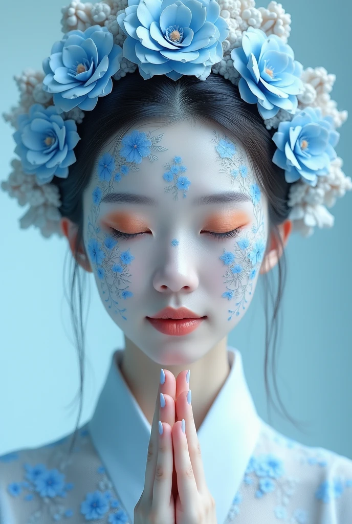 A photo of a Korean woman with a smooth, pale blue face. Her face is adorned with intricate, pale blue floral patterns that blend seamlessly into her skin. She wears an elaborate headpiece with sculptural, ornamental designs. Her eyes are highlighted with warm, copper-toned eyeshadow, contrasting against the cool tones of her skin. Her hands are delicately placed in front of her in a gesture of prayer. The background is a soft, gradient of cool tones, keeping the focus on her detailed features.