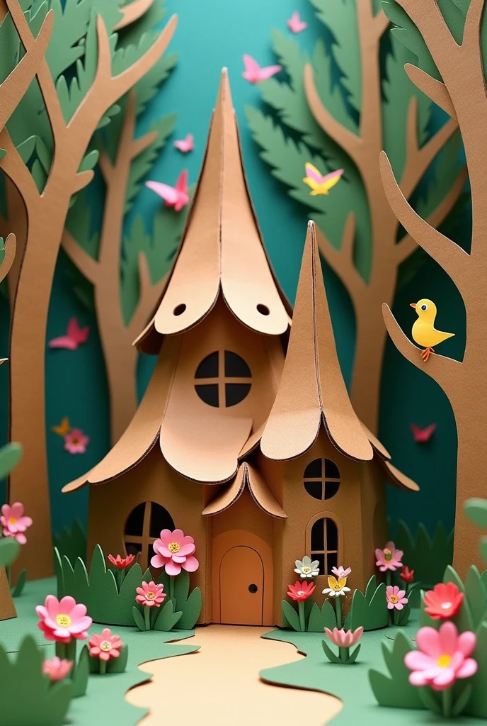 I would like you to design a house made of cardboard and cardboard trees around it., flores, birds like snow white&#39;s house for a school play set

 
