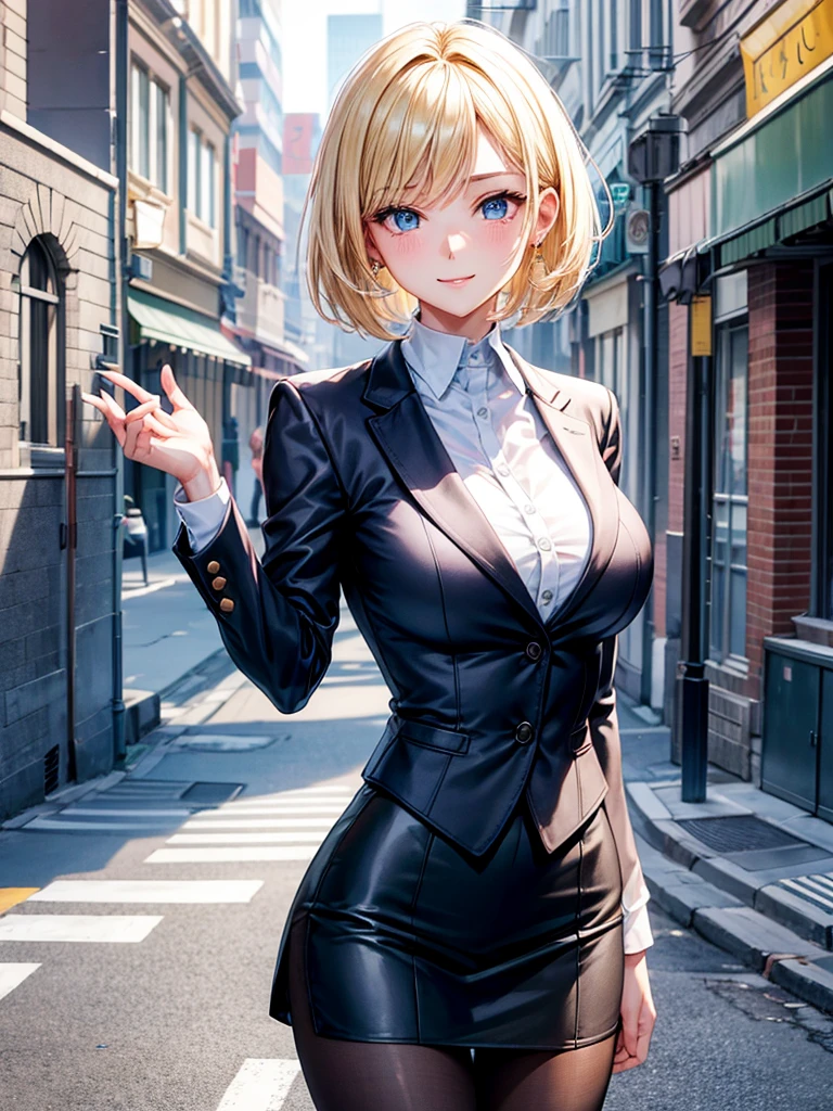 Anime style, super fine illustration, highly detailed, beautiful detailed, perfect detailed, super high quality image, static representation, gentle expression, happy expression, the pretty image, super stylish, 8k, pretty 1girl with blonde straight short hair & blue eyes & a bright smile & full bust & soft fair skin is a career woman supervisor who is very hard working not to show her skin wearing big white business shirt & summer tailored jacket & tight skirt & black pantyhose on the urban business buildings street, in the morning, solo, perfect fingers, no more fingers, no less fingers, perfect arms, no more arms, perfect legs, no more legs, no more hair, masterpiece.