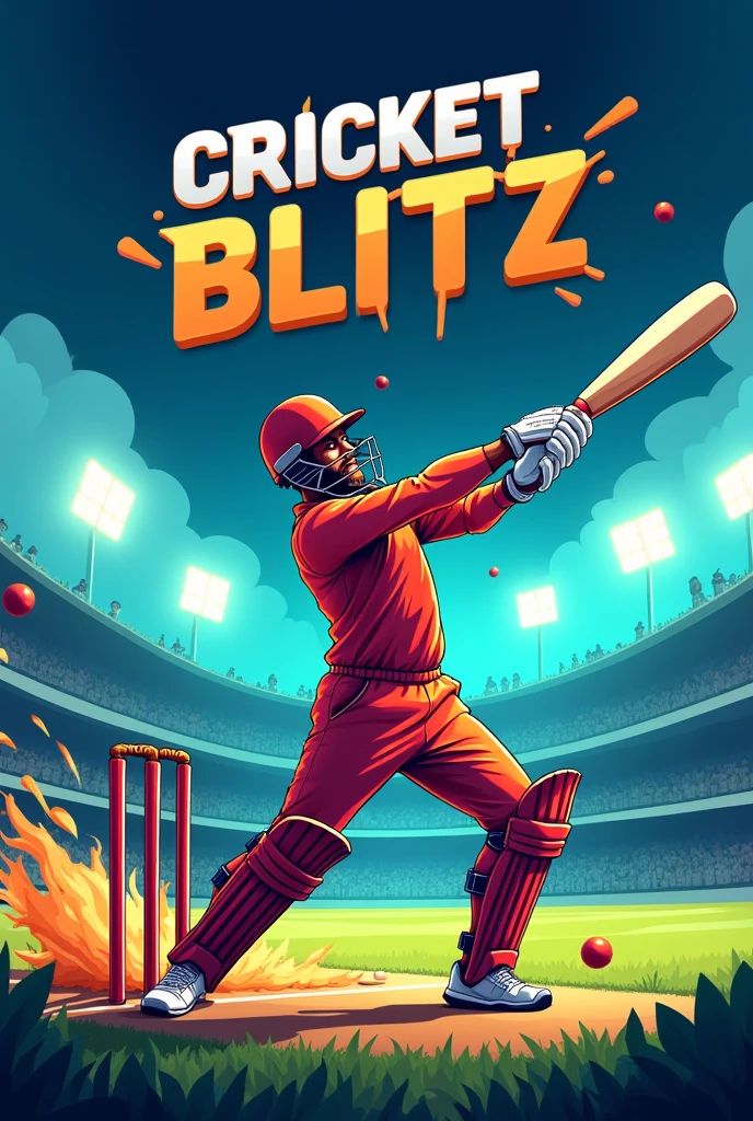 Design a dynamic and energetic YouTube banner for a cricket-themed channel called 'Cricket Blitz.' The banner should feature vibrant colors like green, blue, and white to reflect the spirit of the game. Include a high-energy cricket scene with elements like a batsman hitting a six, a bowler mid-action, or a ball soaring through the air. The channel name 'Cricket Blitz' should be prominently displayed in bold, modern typography, with subtle cricket-related graphics like stumps, bats, and balls integrated into the background. The overall look should be sharp, sporty, and eye-catching, capturing the excitement and fast pace of cricket.