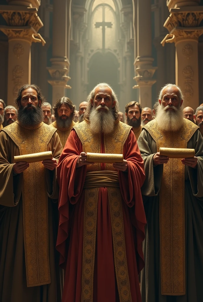 create cinematic image of prophets from biblical times in priestly vestments holding golden scrolls, in the scene I also want figures in the background that have to do with biblical prophecies by Daniel Ezekiel Isaiah