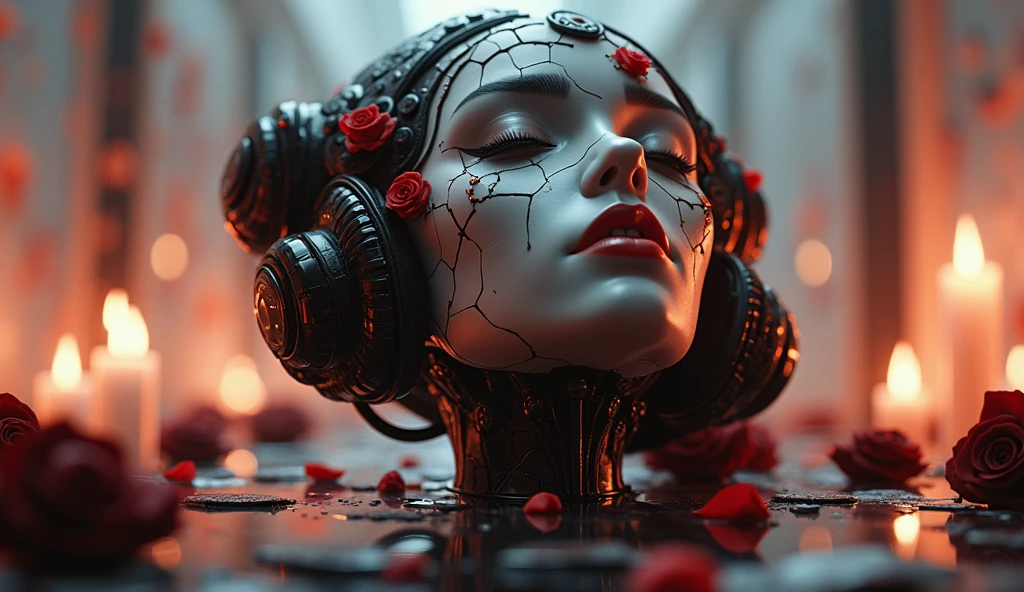 Death of a beautiful humanoid female, close up of a broken android, digital art, cracked porcelain face, futuristic look, captivating, close-up, skull, fragile, emotional, shatter into fragments, shattered glass, shattered pieces of a woman body, made of porcelain, broken, destroyed, abstract patterns, tile art, red roses, black roses, goth, horror, from the grave, blood splatter, mourning, loss, full body photography, cinematic, dramatic lighting, shallow depth of field, wide