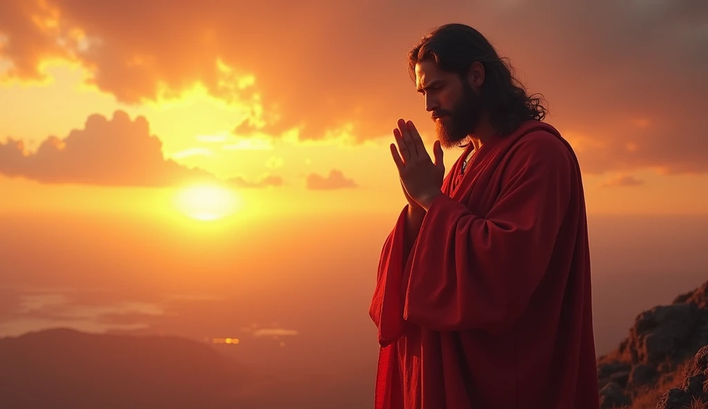 Jesus, a man with a firm gaze, looking forward, hands close to his face, in prayer, with an image of the sunset in the background, afternoon time, followed by yellow lights filling the environment, red tunic and cloak, with the phrase: Stop fighting alone! Trust in God.