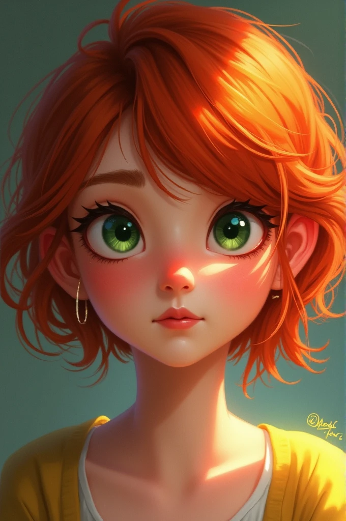 A girl with short red hair and slightly wavy hair