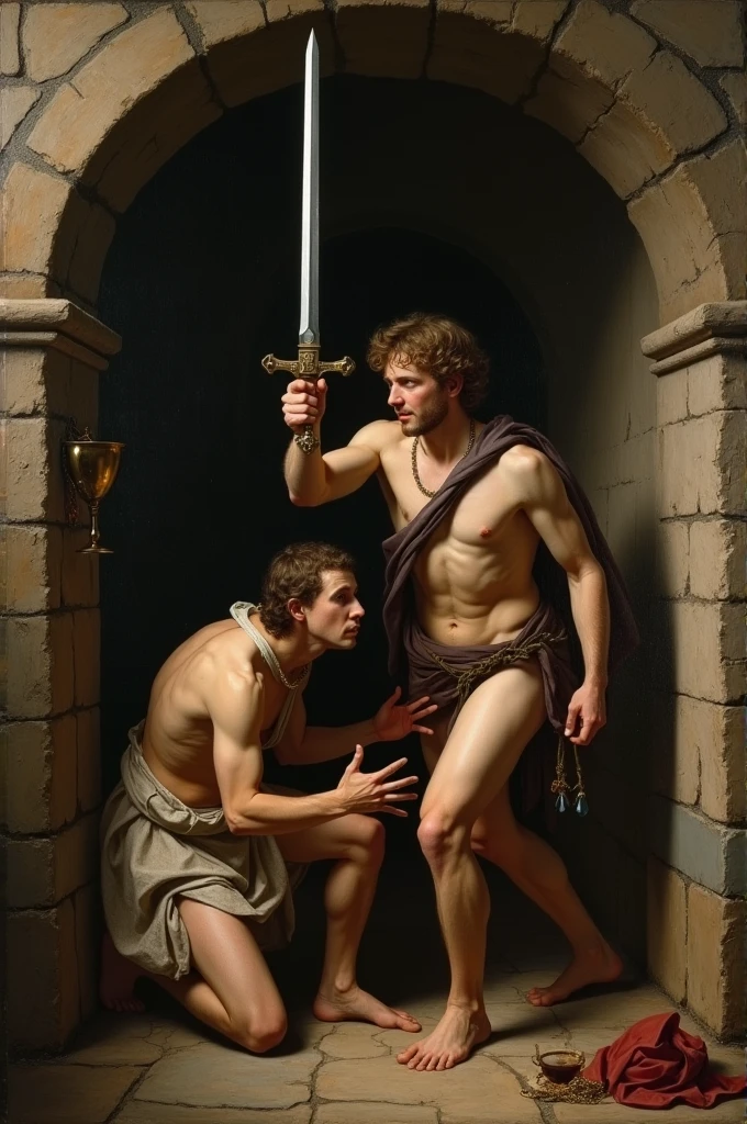 Create a Catholic Baroque artwork of a young man cutting off the head of a drunk man with a sword in a Jerusalem dungeon.
