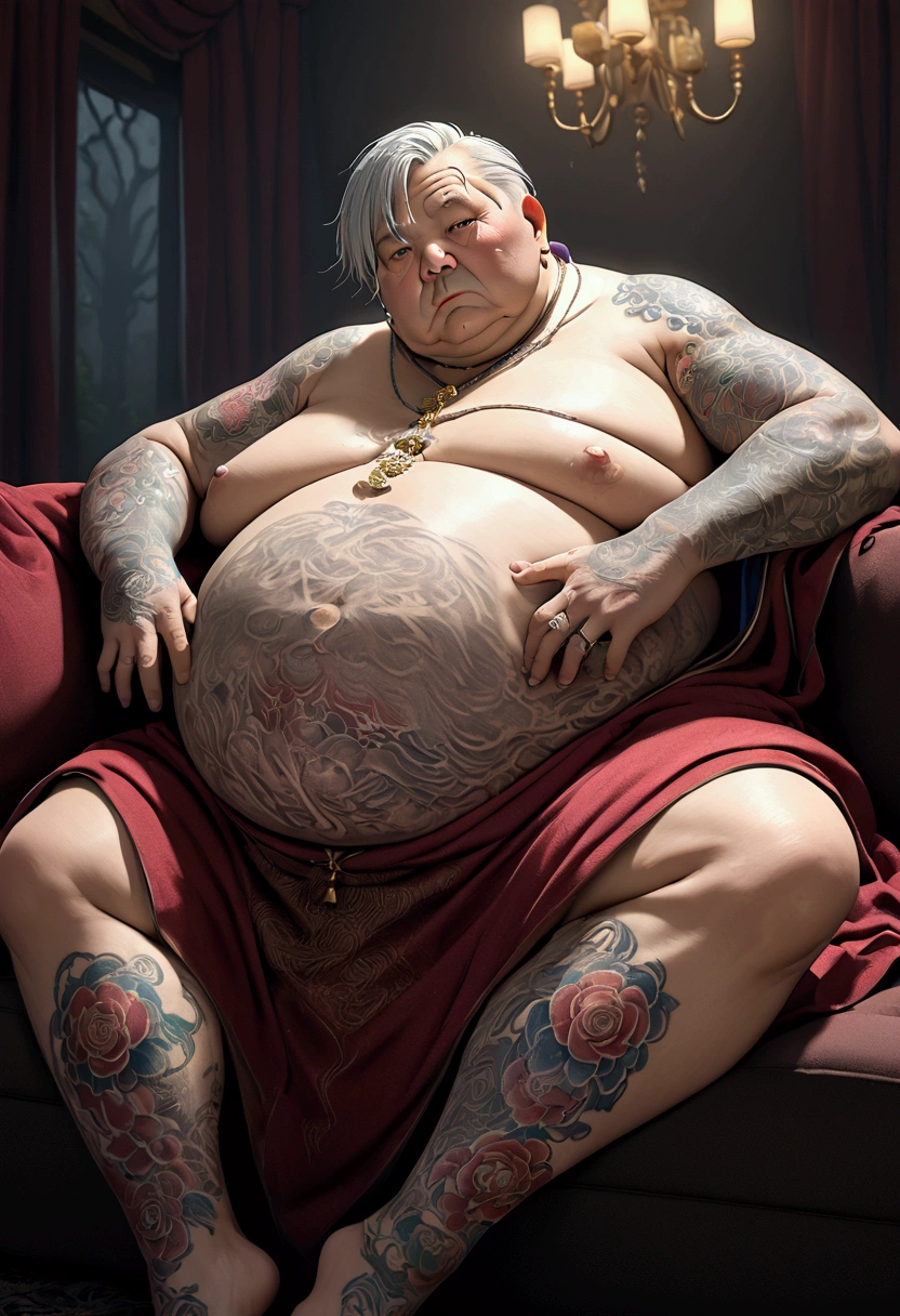 (old fat monk with thinning hair,tattoos all over body, full detailed body, lying on the sofa, penis, highly detailed face,hyperrealistic,3d render,masterpiece,8k,photorealistic,cinematic lighting,dramatic lighting,moody lighting,dramatic pose,mystical,spiritual,intense gaze,intricate tattoos,lush textures,rich colors,chiaroscuro,dramatic shadows,atmospheric)