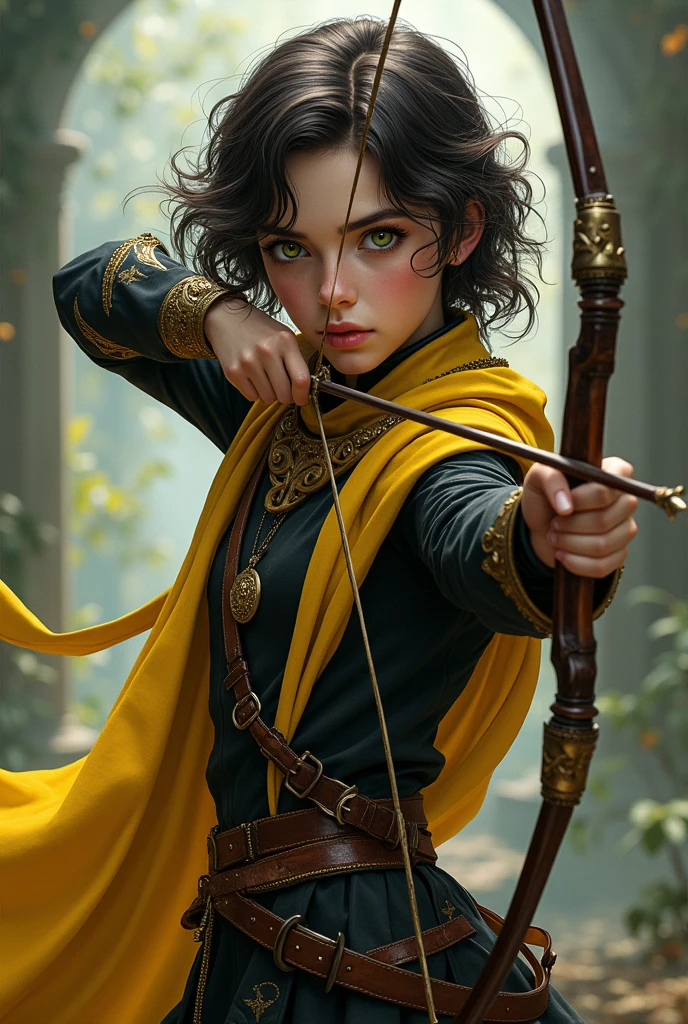 Young brunette with curly hair Green eyes With a bow and arrow in his hand And a daggers Black and yellow clothes A little younger