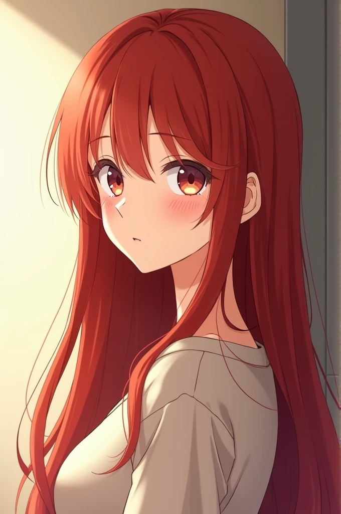 Anime, Red long straight hair,
, Middle-parted bangs and long straight hair, background wall is simple and clean,
: Natural and beautiful hair,uniform hair color