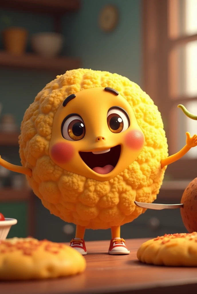 An animated yuca arepa
