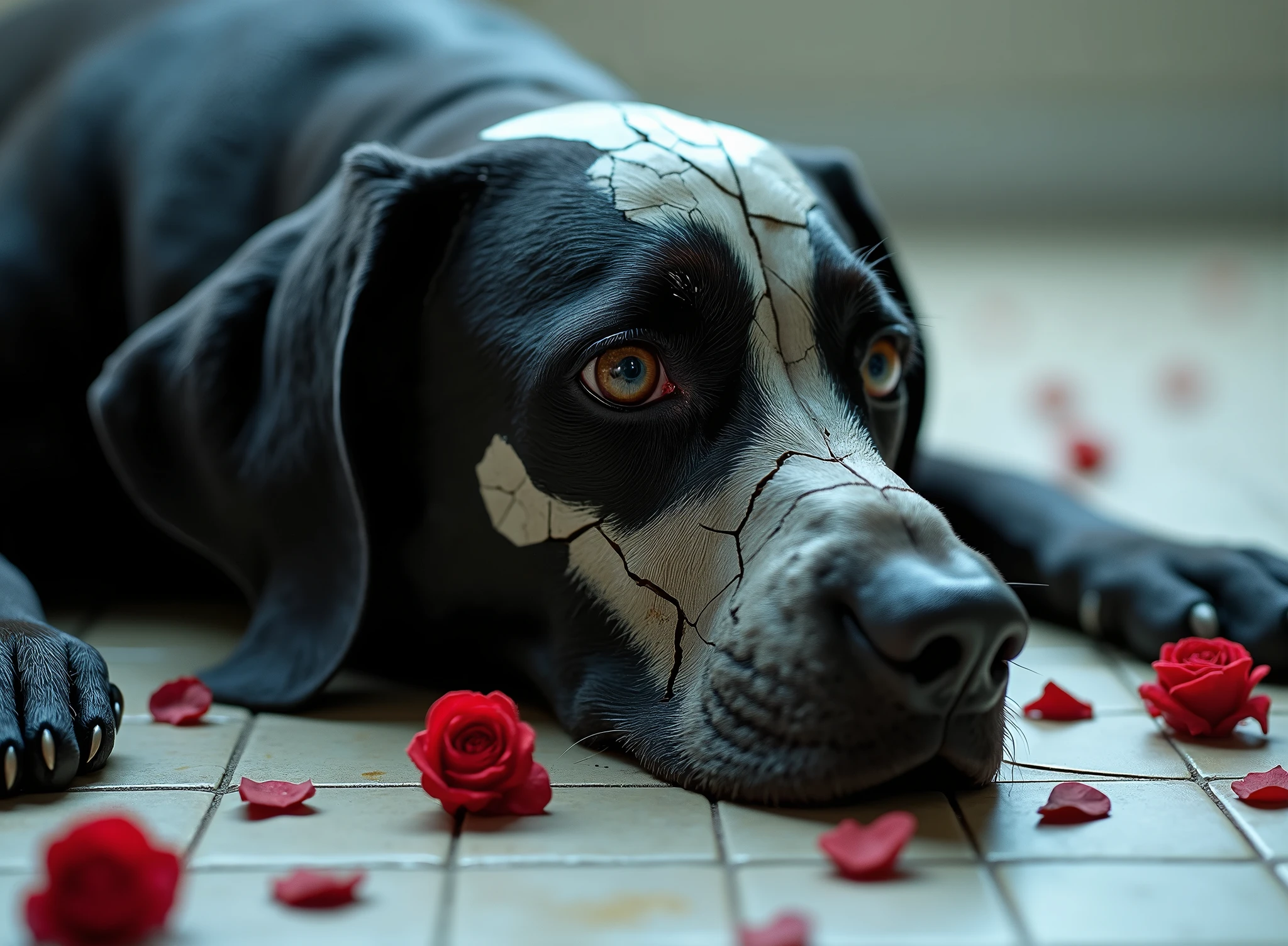 Death of a beautiful black labrador, close up of a broken android, digital art, cracked porcelain face, futuristic look, captivating, close-up, skull, fragile, emotional, shatter into fragments, shattered glass, shattered pieces of a black female labrador body, made of porcelain, broken, destroyed, abstract patterns, tile art, red roses, portrait photography, cinematic, dramatic light, shallow depth of field, owner in tears, mourning the loss of a trusty black female labrador friend,