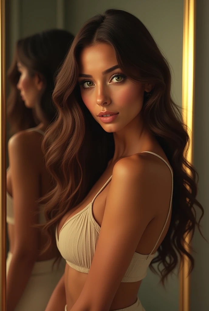 head of&#39;artwork, best quality, high quality, CG, 8k, wife,beautiful girl with long wavy hair, yeux verts.  brown-hair . She has tanned skin and is cute. photo de la wife de dos et debout devant le miroir, sexy clothes backwards no, ultra realistic. 4K
 . ultra realistic 