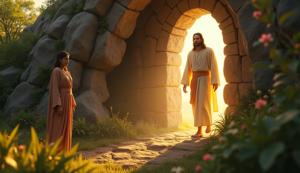 Jesus resurrected, emerging from the tomb with radiant light, Mary Magdalene witnessing in awe, ancient burial tomb in a garden setting, early morning light, stone rolled away, greenery and flowers in the background, hyper-realistic, photo realism, cinematography -- ar 16:9