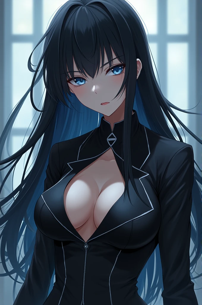 1 anime girl, Diseño Jujutsu Kaisen, long straight black hair with bangs, Light blue eyes and a dark uniform that is a bit revealing