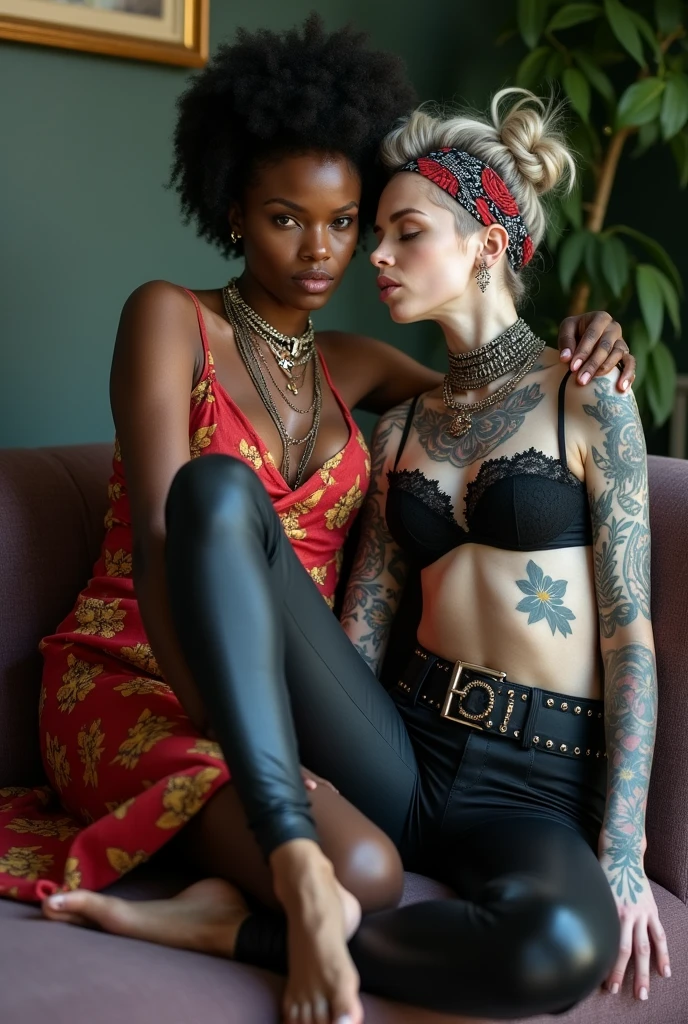 African milf woman sitting on a sofa with separated legs, afro hairdo, serious face, wearing traditional colourful african clothes, barefoot, protective hands on the shoulders of a white milf woman at her feet leanin back with chin down looking at the floor and open eyes, in a seductive fashion model pose. The white woman touches her girlfriend with her hands in a clumsy way. The white woman is tattooed heavily (tattoed chest, tattoed neck, tattooed arms, tattooed hands, tattooed stomach, tattoed legs, tattoed feet). The white woman is very thin with well toned abdominals, pale (light grey hair, light green eyes, pale face, pale neck, pale chest, pale arms, pale hands, pale stomach, pale legs and feet). White woman in chic rock fashion: pouf with top bun and shaved sides, colourful bandana as headband. The white woman wears and a lot of metallic necklaces and pendants, black push up lace bra, skinny black low rise leggings. The white woman wears a loose wide studded leather belt and a lot of wide metallic bracelets, black lace push up bra, barefoot. In an expensive modern apartment