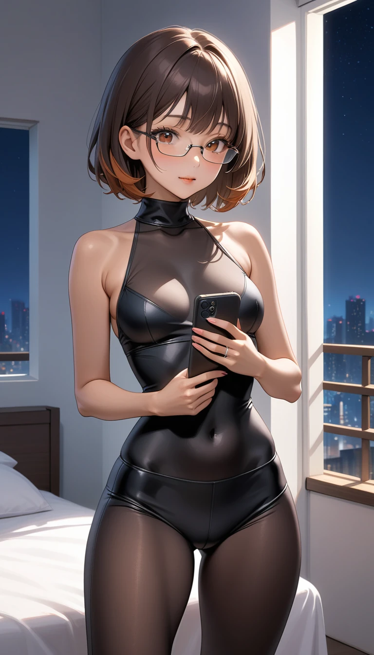 Beautiful 47y old woman with short undercut dark brown orange hair, layered hair, with brown eyes, wearing ((Tight Black Low-Rise Leggings)), ((Sexy Turtle Neck Sleeveless Dark Red Blouse)), ((Frameless Glasses)), ((Wedding Ring)), standing in her bedroom at night, holding her cellphone, (dark-tanned skin), (light brown lipstick), (elegant mascara), (slim body), (small breasts), (wide hips), endjourney, <lora:GoodHands-, <lora:GoodLegs-, UHD, high resolution, (masterpiece:1.9, best quality), (expressive eyes, perfect face, full body, expressive face, perfect body, perfect pussy, athletic, fit, slim body, blushing, Perfect makeup, eyeliner, beautiful eyelashes, smiling, horny face), ((best illumination, best shadows)), ((sexy pose)), score_9_up, score_8_up, score_7_up