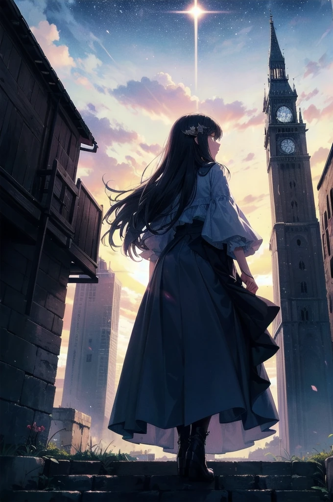 Girl looking up Scene 1: Twilight tower shadow The girl stands quietly against the sky, which is dyed an azure colour. Towering up in front of her is a huge structure called the Tower of Babel. Its form, which seems to pierce through the clouds, seems as if it is about to reach the heavens. The girl's gaze is directed towards the top of the tower. The tower, shrouded in evening darkness, creates a fantastic atmosphere. The surface of the tower is engraved with intricate patterns. It looks like ancient writing. The girl seems to sense something deep within the tower. Is it the memory of a masterpiece story or a longing for an unknown fantasy world? Scene 2: Memory of the starry sky The girl stands at the top of the tower amidst countless twinkling stars in the night sky. At her feet, the lights of the city shine like jewels. The girl closes her eyes and takes a deep breath. The scent of the night breeze is mixed with the old smell of the tower. The girl's mind replayed a famous story. It was a story of adventure and friendship that the girl read as a . The hero of the story, like the girl, climbed the Tower of Babel. There, she meets her friends and overcomes various difficulties. The girl dreamed that one day she, like the hero, would go on an adventure. Scene 3: The promise of the morning glow The girl left the tower just as the light of the morning sun was illuminating it. Looking back, the tower shone in the morning sun and even looked divine. The girl decides that one day she will climb this tower again. And when she does, she vows to spin out the rest of the masterpiece's story. Step by step, the girl walked into the future.
