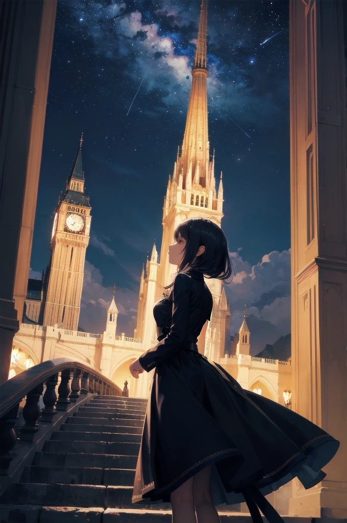 Girl looking up Scene 1: Twilight tower shadow The girl stands quietly against the sky, which is dyed an azure colour. Towering up in front of her is a huge structure called the Tower of Babel. Its form, which seems to pierce through the clouds, seems as if it is about to reach the heavens. The girl's gaze is directed towards the top of the tower. The tower, shrouded in evening darkness, creates a fantastic atmosphere. The surface of the tower is engraved with intricate patterns. It looks like ancient writing. The girl seems to sense something deep within the tower. Is it the memory of a masterpiece story or a longing for an unknown fantasy world? Scene 2: Memory of the starry sky The girl stands at the top of the tower amidst countless twinkling stars in the night sky. At her feet, the lights of the city shine like jewels. The girl closes her eyes and takes a deep breath. The scent of the night breeze is mixed with the old smell of the tower. The girl's mind replayed a famous story. It was a story of adventure and friendship that the girl read as a . The hero of the story, like the girl, climbed the Tower of Babel. There, she meets her friends and overcomes various difficulties. The girl dreamed that one day she, like the hero, would go on an adventure. Scene 3: The promise of the morning glow The girl left the tower just as the light of the morning sun was illuminating it. Looking back, the tower shone in the morning sun and even looked divine. The girl decides that one day she will climb this tower again. And when she does, she vows to spin out the rest of the masterpiece's story. Step by step, the girl walked into the future.
