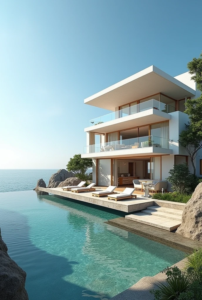 A house designed to be close to the sea, with large windows, spacious terraces and a light and fresh decoration. It usually has light colors and moisture-resistant materials..