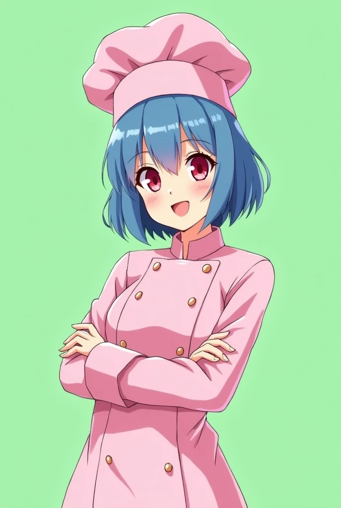 Female chef between 20 and 2, with a pink long-sleeved uniform and a chef's hat of the same color, 2D anime style with pastel colors, short blue hair, Red eyes ,with a happy expression, on a completely green and flat background